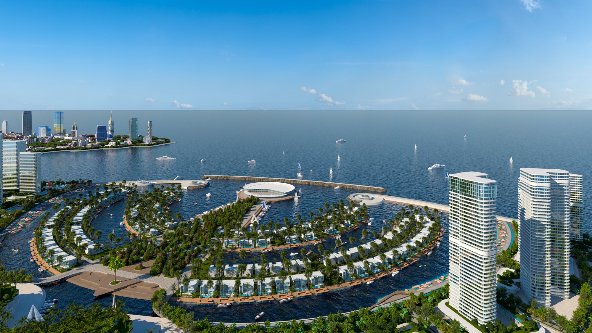 Ambassadori Island Batumi — resort pools and beach club, the island district of ONE PENINSULA by HOLM Developments