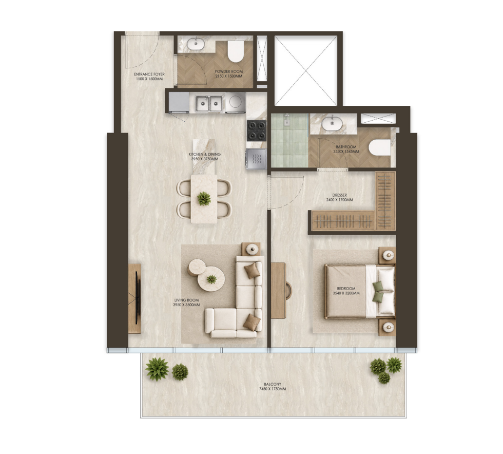ONE PENINSULA Batumi by HOLM Developments — floor plan of a 1-bedroom apartment with living room, open kitchen and large balcony