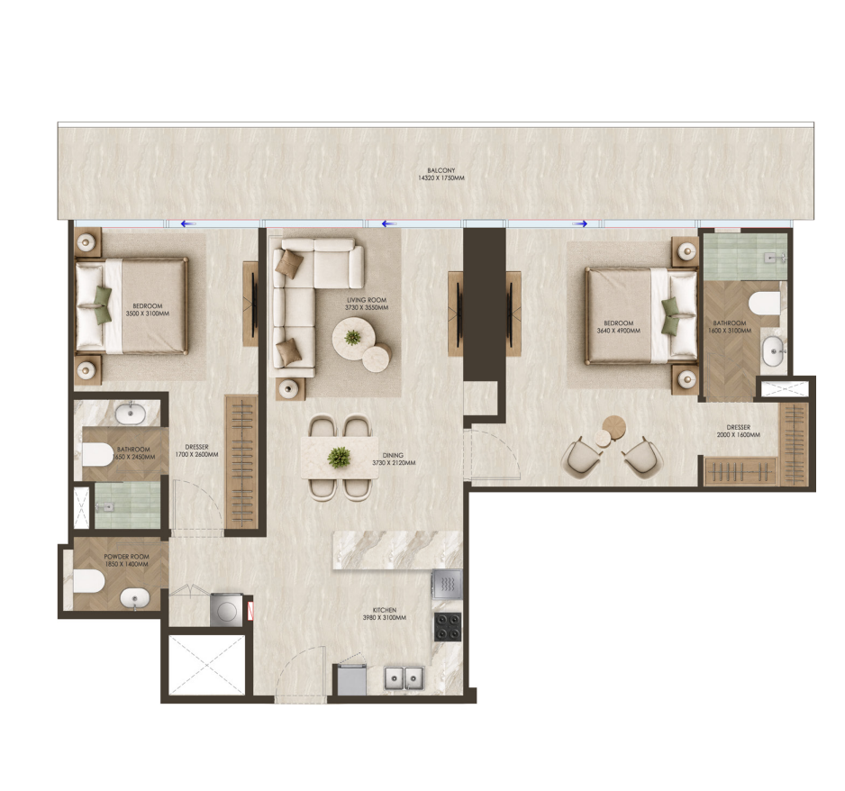 ONE PENINSULA Batumi by HOLM Developments — floor plan of a 2-bedroom apartment with living room, dining area, kitchen and panoramic balcony