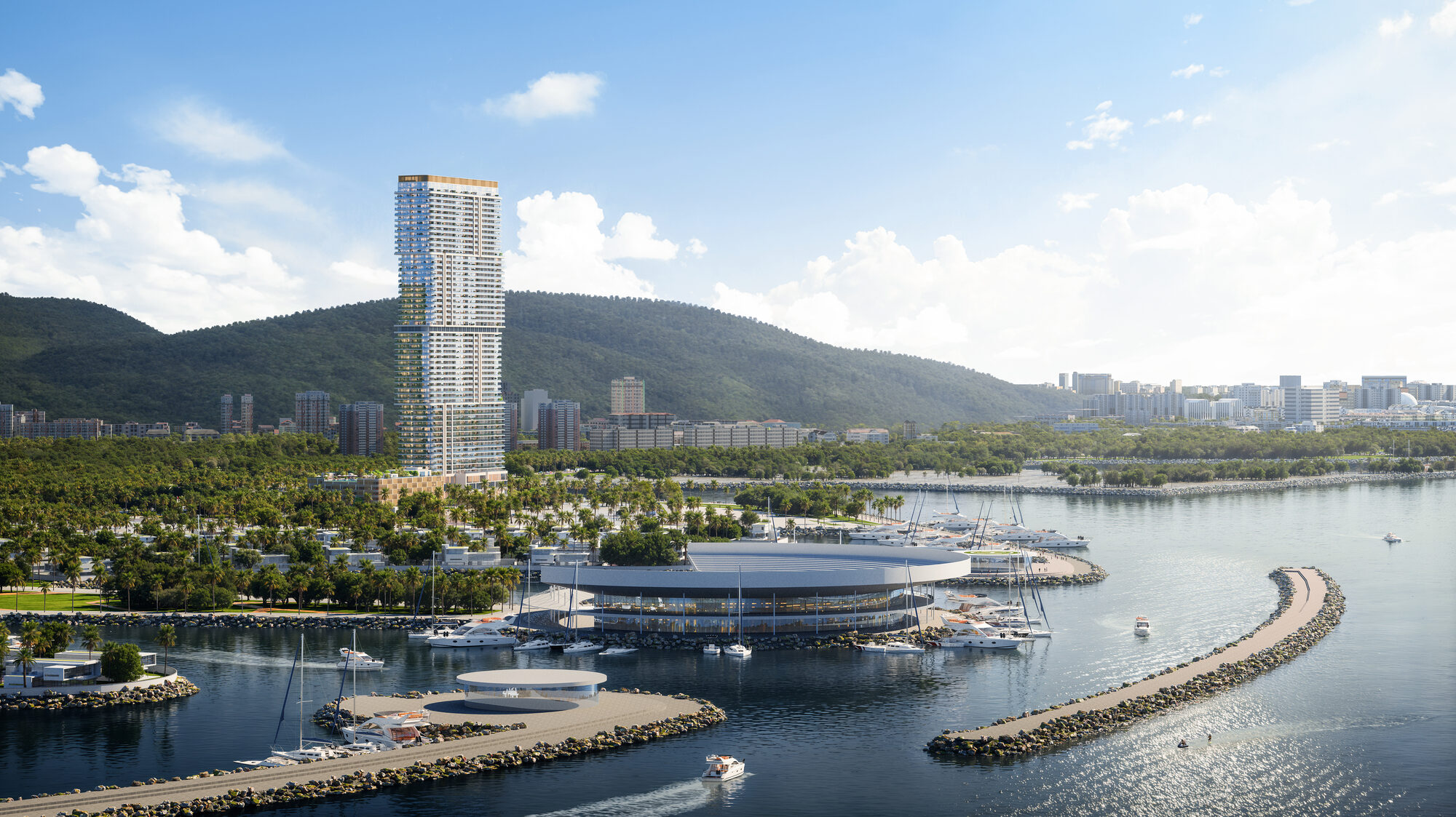 ONE PENINSULA Batumi by HOLM Developments — the residential tower above the yacht marina with the Caucasus mountains behind Batumi