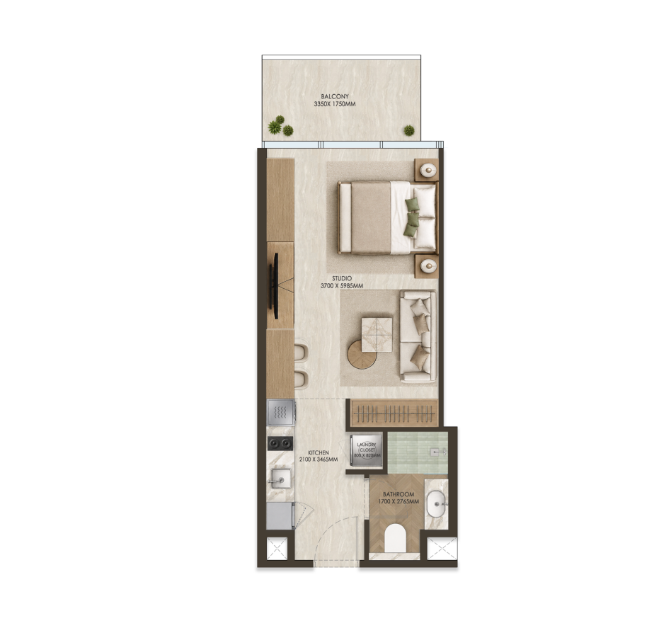 ONE PENINSULA Batumi by HOLM Developments — floor plan of a furnished studio apartment with balcony, kitchen and bathroom