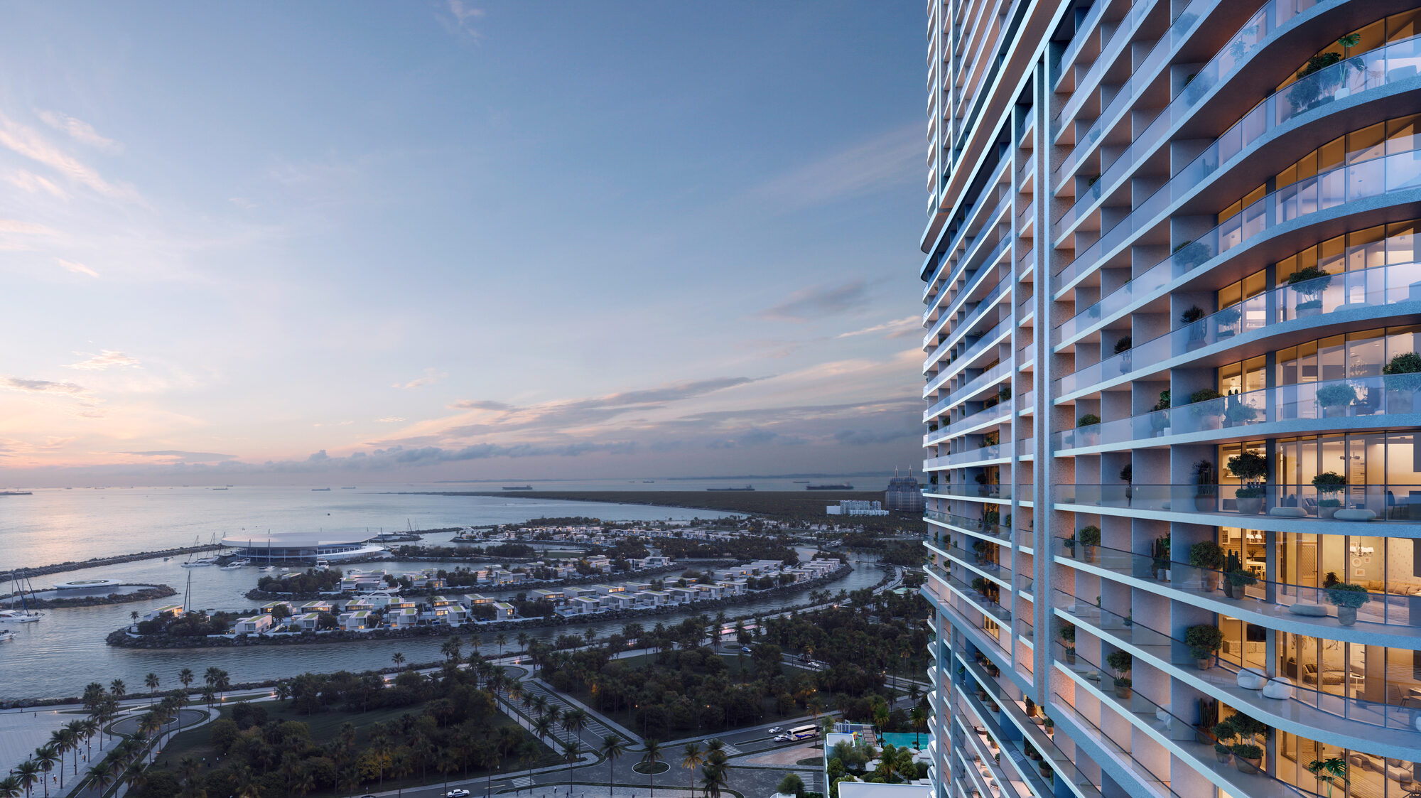 ONE PENINSULA Batumi by HOLM Developments — curved balcony facade of the residences with a panoramic view over the marina