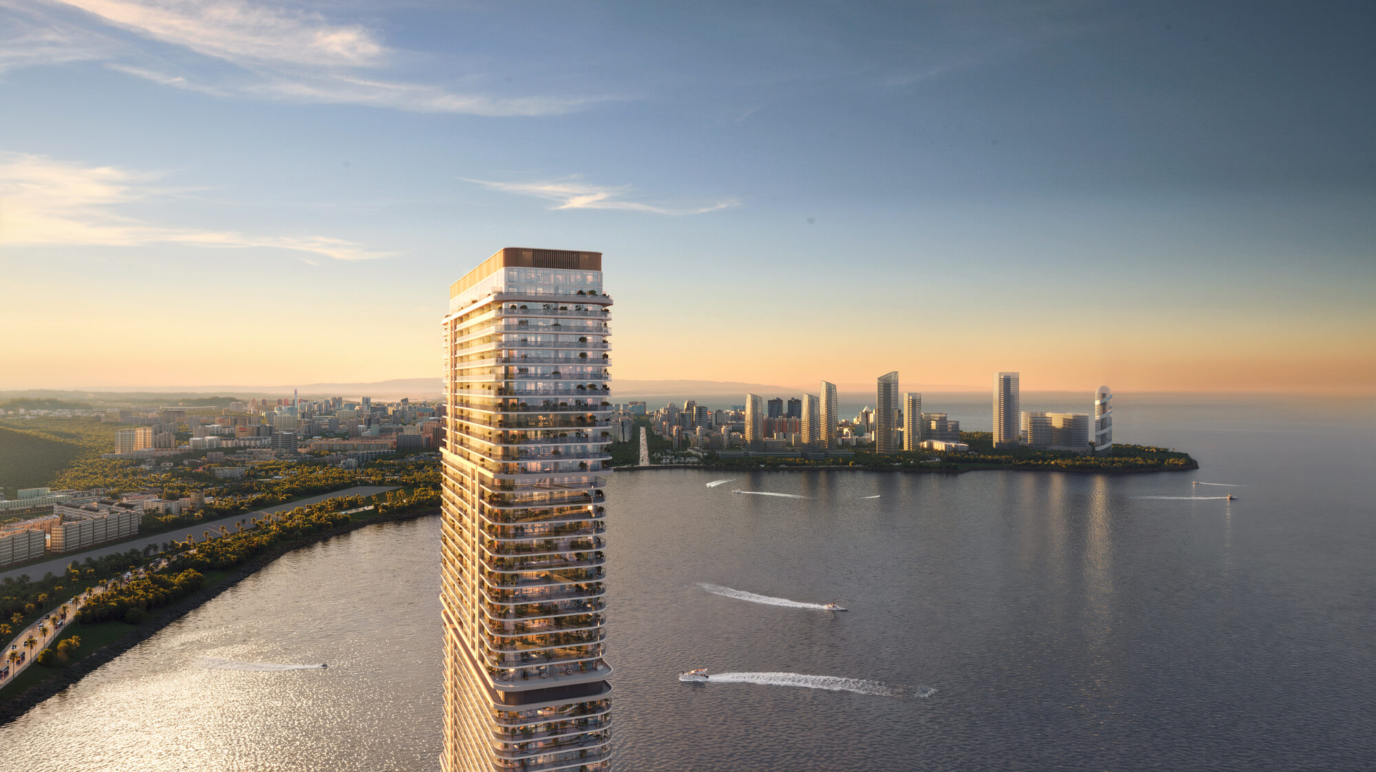 ONE PENINSULA Batumi by HOLM Developments — the tower at sunset seen from the Black Sea with the Batumi coastline in the distance