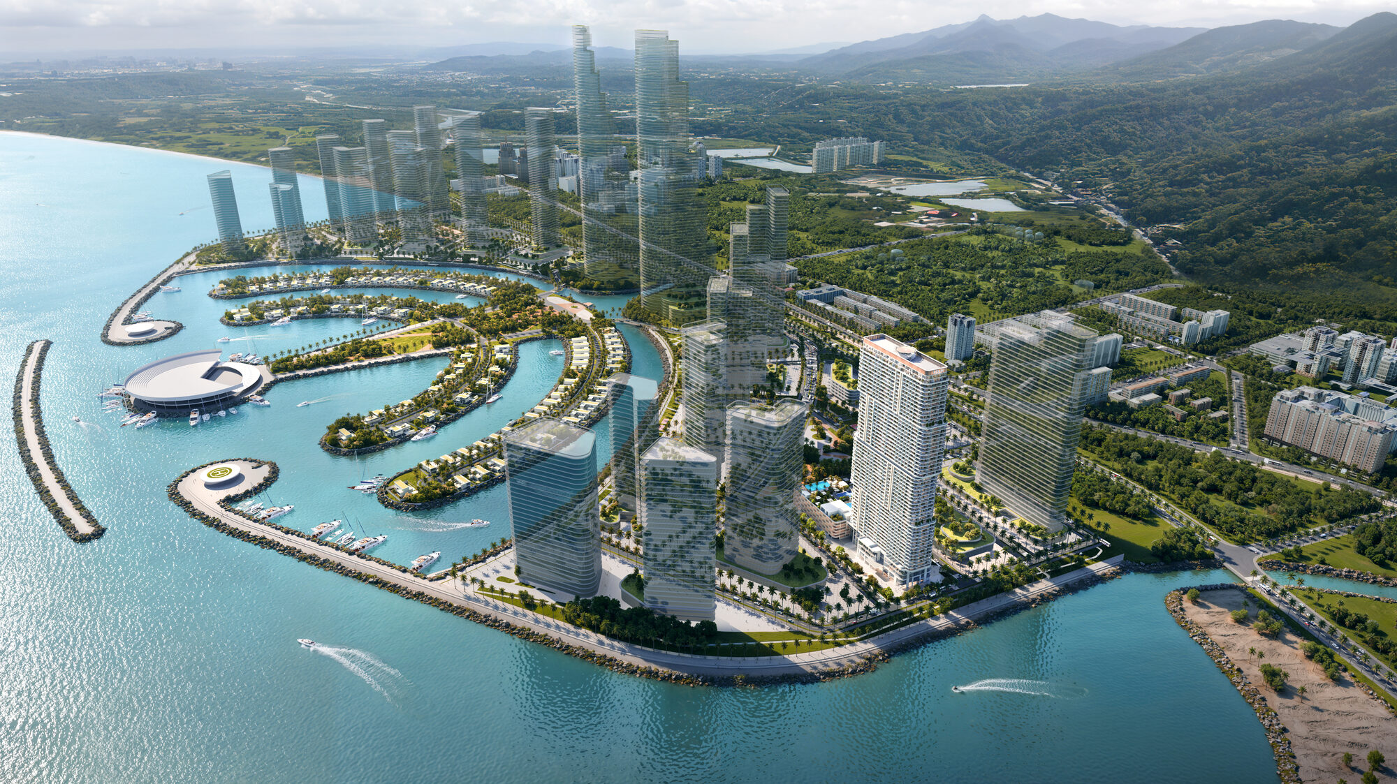 ONE PENINSULA Batumi by HOLM Developments — aerial view of Ambassadori Island, its marina, lagoon and beachfront towers in Batumi