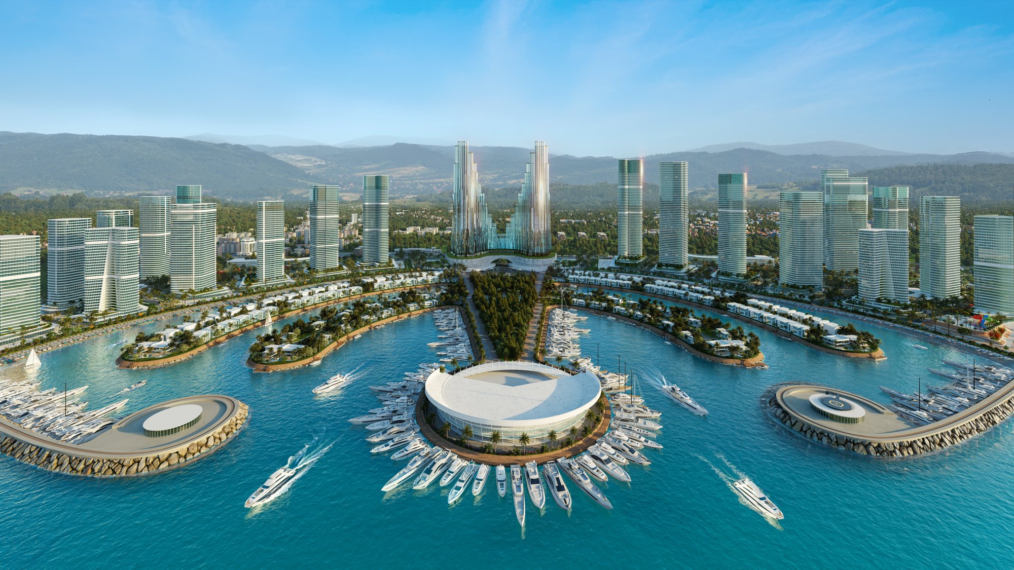 Ambassadori Island Batumi — island view main render, the island district of ONE PENINSULA by HOLM Developments