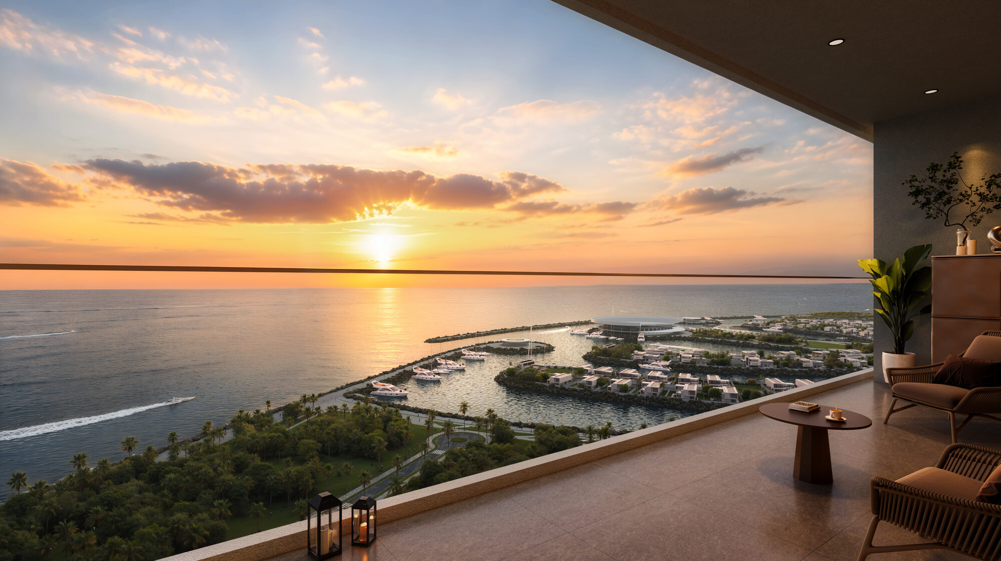 ONE PENINSULA Batumi by HOLM Developments — private terrace at sunset overlooking the marina and the Black Sea in Batumi