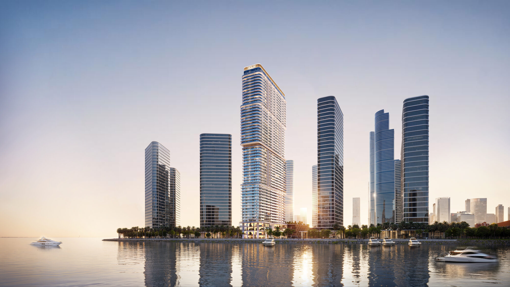 ONE PENINSULA Batumi by HOLM Developments — Ambassadori Island skyline seen from the water with the full tower cluster