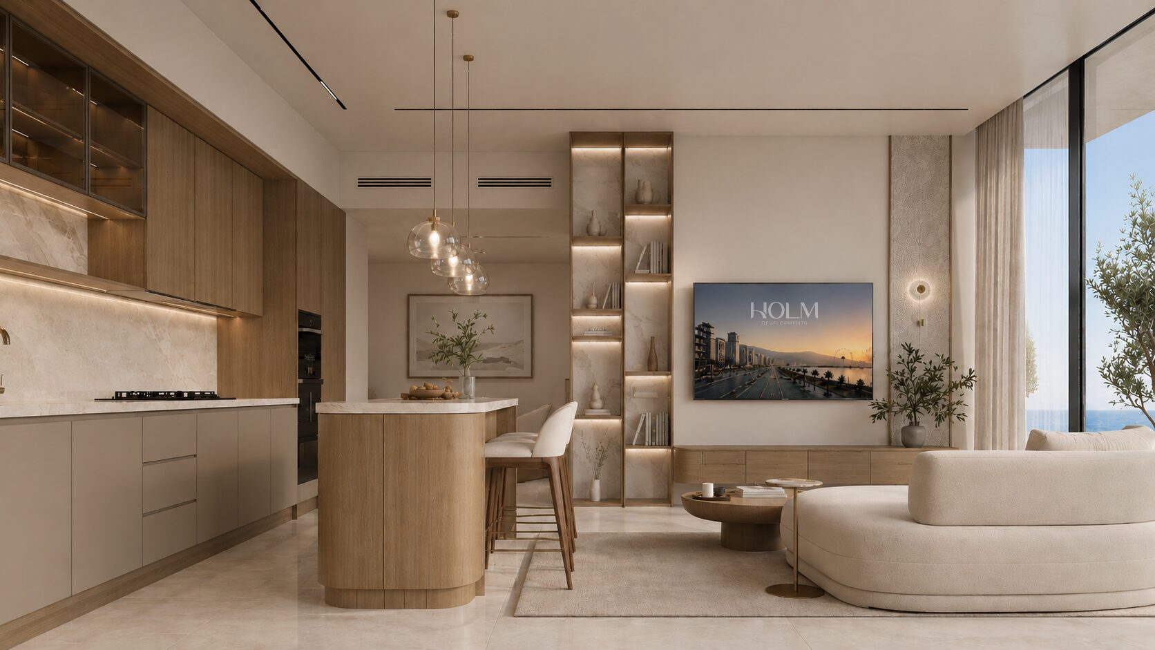 ONE PENINSULA Batumi by HOLM Developments — furnished apartment interior with open kitchen, island and living area in warm oak tones